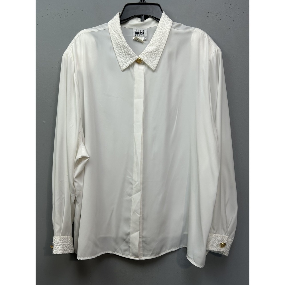 Leslie Fay Blouse Womens 26W White Quilted Collar Cuff Button Front Long Sleeve